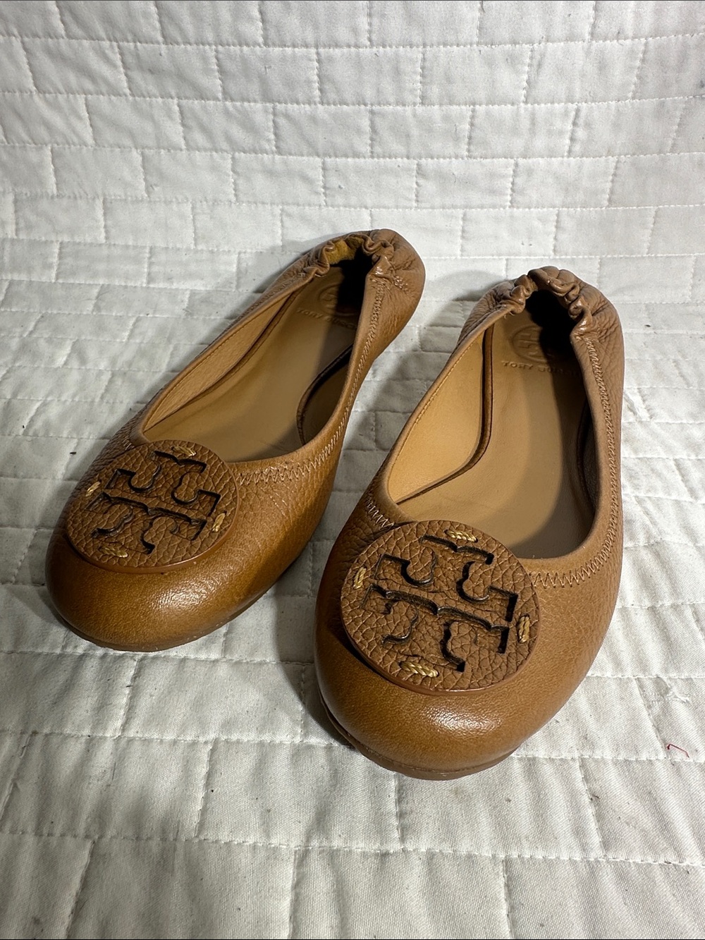 Tory Burch Cognac Leather Logo Ballet Flats